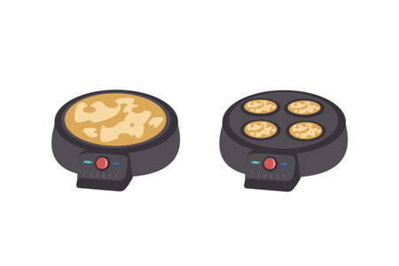 Electric pancake maker - two options for one pancake and for several. Household appliances for the kitchen, for cooking. Vector illustrationのイラスト素材