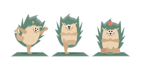 Set a cute funny hedgehog doing yoga on the mat. Exercise, peace of mind. Vector cartoon illustrationのイラスト素材