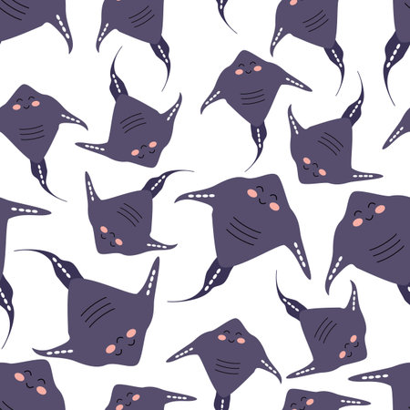 Seamless pattern of cartoon purple stingray on a white background. Vector illustration for...