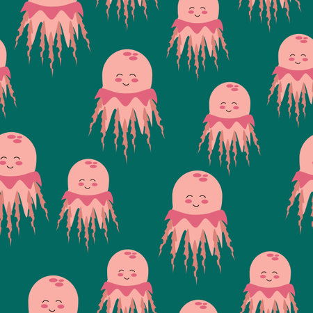 Seamless pattern pink jellyfish on sea green background. Vector cartoon illustration for children's...