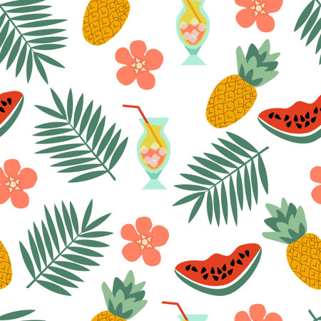Seamless pattern beach desserts fruit cocktails, pineapples and watermelon slices with palm branches...