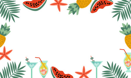 White rectangular background frame of beach desserts - cocktails, pineapples with palm branches,...