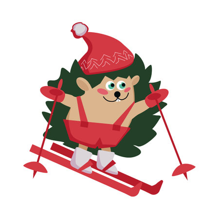 Funny cartoon cheerful hedgehog character in a hat on skis with poles - color New Year vector flat illustrationのイラスト素材