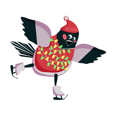 Cartoon funny bullfinch in a hat and garland on skates, figure skating - color vector winter flat illustrationのイラスト素材
