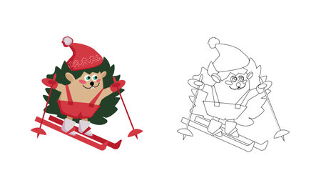 Coloring page cartoon cheerful character hedgehog in a hat and mittens on skis - vector flat illustration, black outline on a white background and an example in colorのイラスト素材