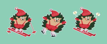Cartoon funny character sporty hedgehog in hat and mittens on skis and skates - color vector winter flat illustration, set of New Year stickersのイラスト素材