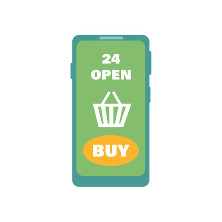 Smartphone with shopping cart and buy button on the screen turned on. Sale, black friday, discounts, online shopping. Vector color illustrationのイラスト素材