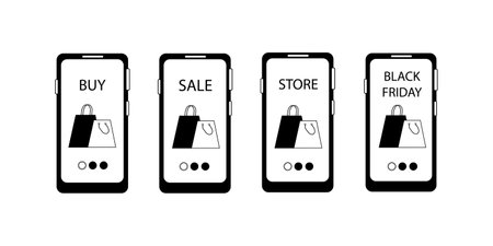 Set of mobile phones with packages on display. Sale, black friday, discounts, online shopping via mobile app, marketplaces. Vector black and white illustrationのイラスト素材