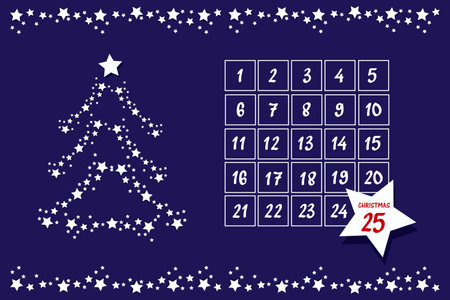 Rectangular advent calendar with Christmas tree and frame of white stars on blue background and large star with red holiday date inside. Vector vertical illustration for designのイラスト素材