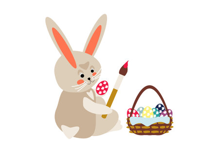 Gray rabbit sitting with basket of colorful eggs, painting Easter egg with brush. Vector illustration for design of cards, banners, invitations, packaging, prints for clothesのイラスト素材