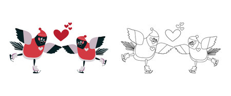 Cartoon bullfinches in love on skates. Vector illustration for children's coloring pages, outline and example in colorのイラスト素材