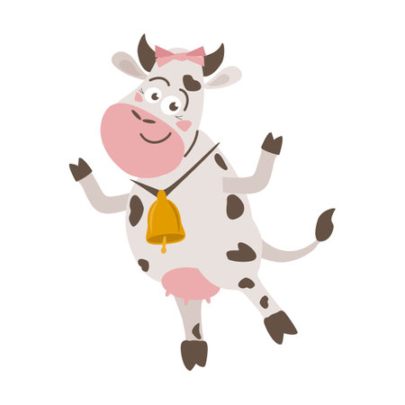 Funny cartoon cow dancing on hind legs with a bell on its neck and a bow on its head - vector flat illustration, character for design of postcards, calendars, clothes, packagingのイラスト素材