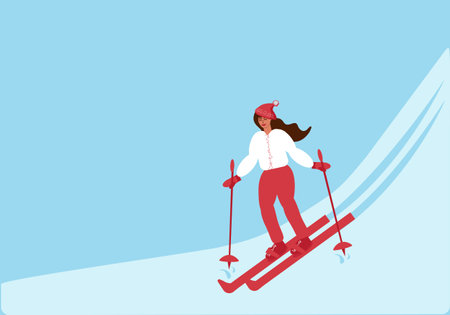 Young woman in winter suit skiing downhill. Winter extreme sport outdoors. Color flat vector illustrationのイラスト素材