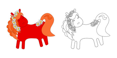 A coloring page a cute cartoon red horse with a garland of daisies. Outline and color example â vector illustration for children's books.のイラスト素材