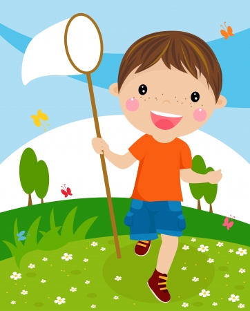 Illustration of nice little boy with butterfly net のイラスト素材