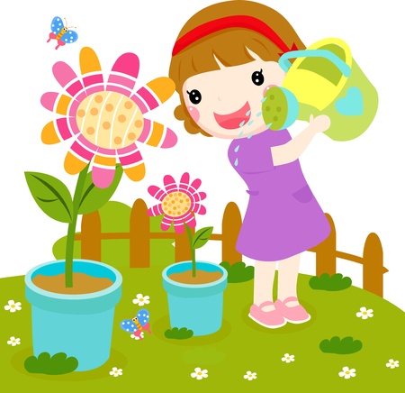 Little girl watering flowerのイラスト素材