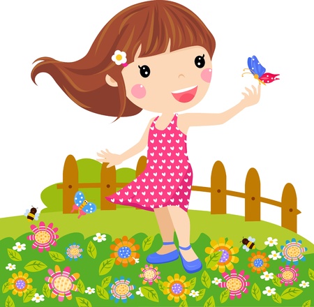 Illustration little girl and butterfly のイラスト素材