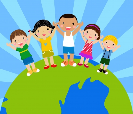 cartoon kids holding hands around a globe のイラスト素材