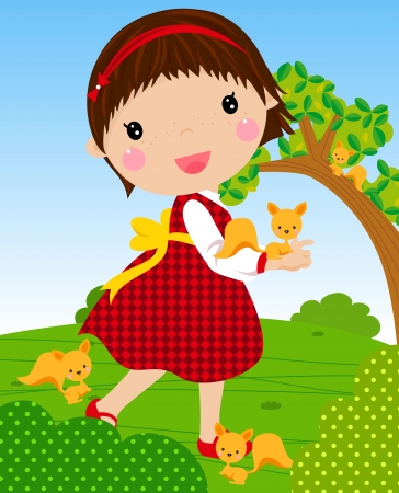 little girl and squirrel のイラスト素材