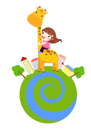 A little girl is sliding down a giraffe s neck のイラスト素材