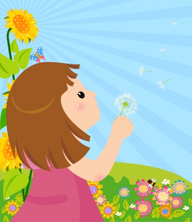 girl blowing dandelionのイラスト素材
