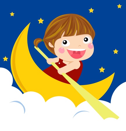 little girl and moonのイラスト素材