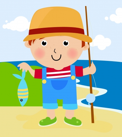 boy with fishhook and fish のイラスト素材