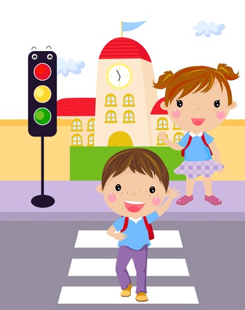 Two children use a cross walk to cross the street のイラスト素材