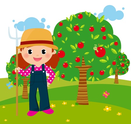 Little farmer with a pitchfork in his handのイラスト素材