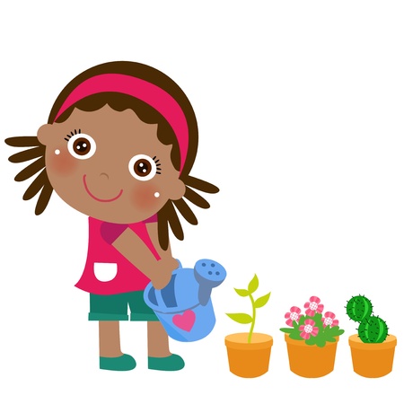 A cute little girl watering flower vectorのイラスト素材