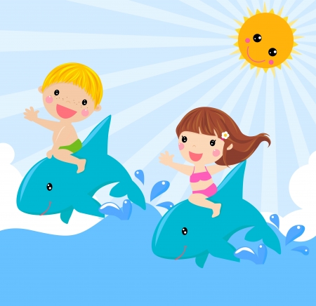 kids sitting on dolphin - vector illustration のイラスト素材