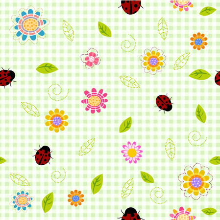Seamless spring background with small flowers and ladybugsのイラスト素材