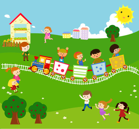 kids and trainのイラスト素材