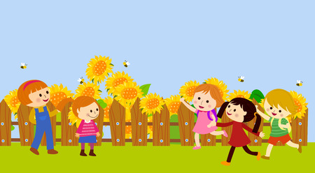 happy kids and sunflowersのイラスト素材