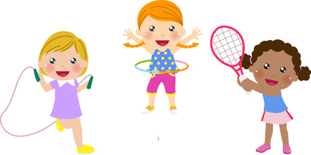 Three cute girls twirling hula hoopのイラスト素材