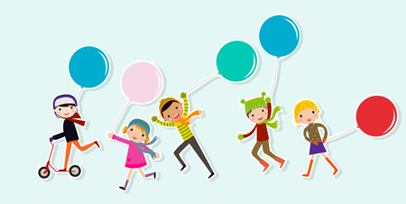 Winter kids running with ballonのイラスト素材