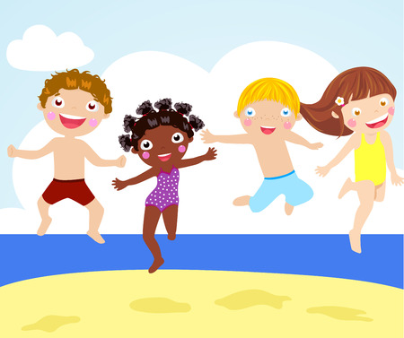 Kids jumping on beachのイラスト素材