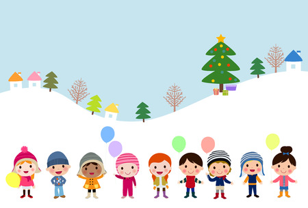 Winter kids with balloonsのイラスト素材