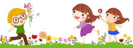 Three children walk on a beautiful spring dayのイラスト素材