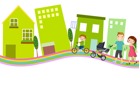 Happy young family in cityのイラスト素材