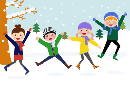 illustration of a group of children jumping and playing in the snow in the winterのイラスト素材