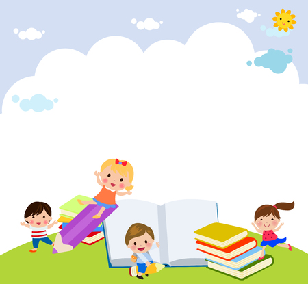 Cartoon children and booksのイラスト素材