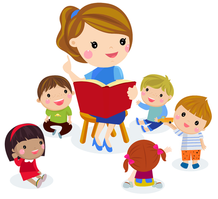 Elementary teacher having a class with group of children.のイラスト素材