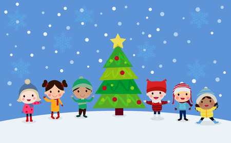 Kids and Christmas treeのイラスト素材