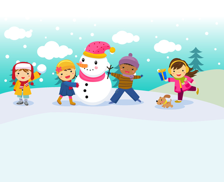 Illustration of happy children and snowmanのイラスト素材