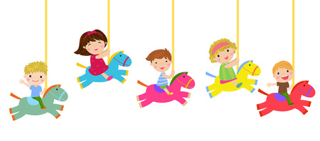 Cartoon children riding carousel horseのイラスト素材