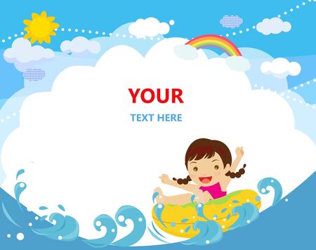 Illustration of a young cheerful girl relaxing on inner tubeのイラスト素材