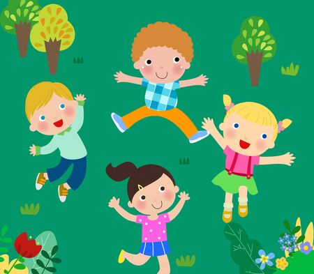 Happy children jumping and dancing on the parkのイラスト素材