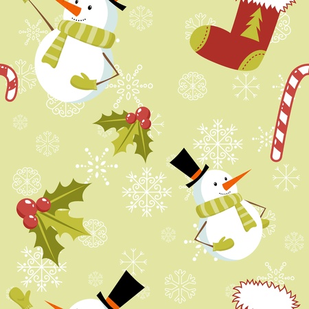 Seamless pattern with cute cartoon Christmas snowman, candy cane, holly berries and red stocking with xmas treeのイラスト素材