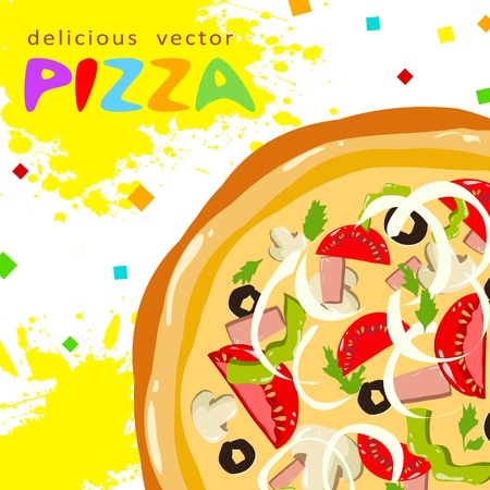 Colorful funny tasty pizza slices greeting card with splatterのイラスト素材